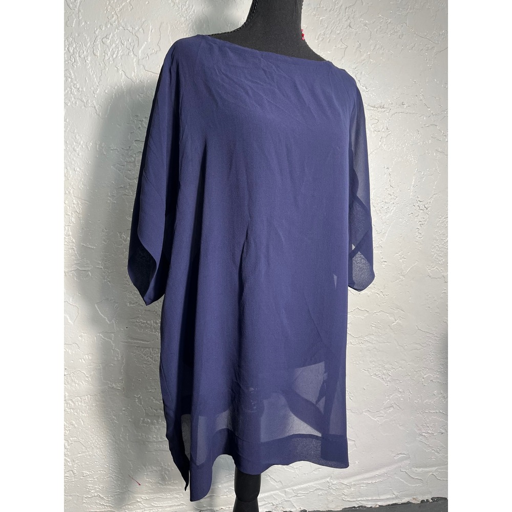 Eileen Fisher L Navy Blue 100% Silk Boxy Tunic Boat Neck Short Sleeve Top